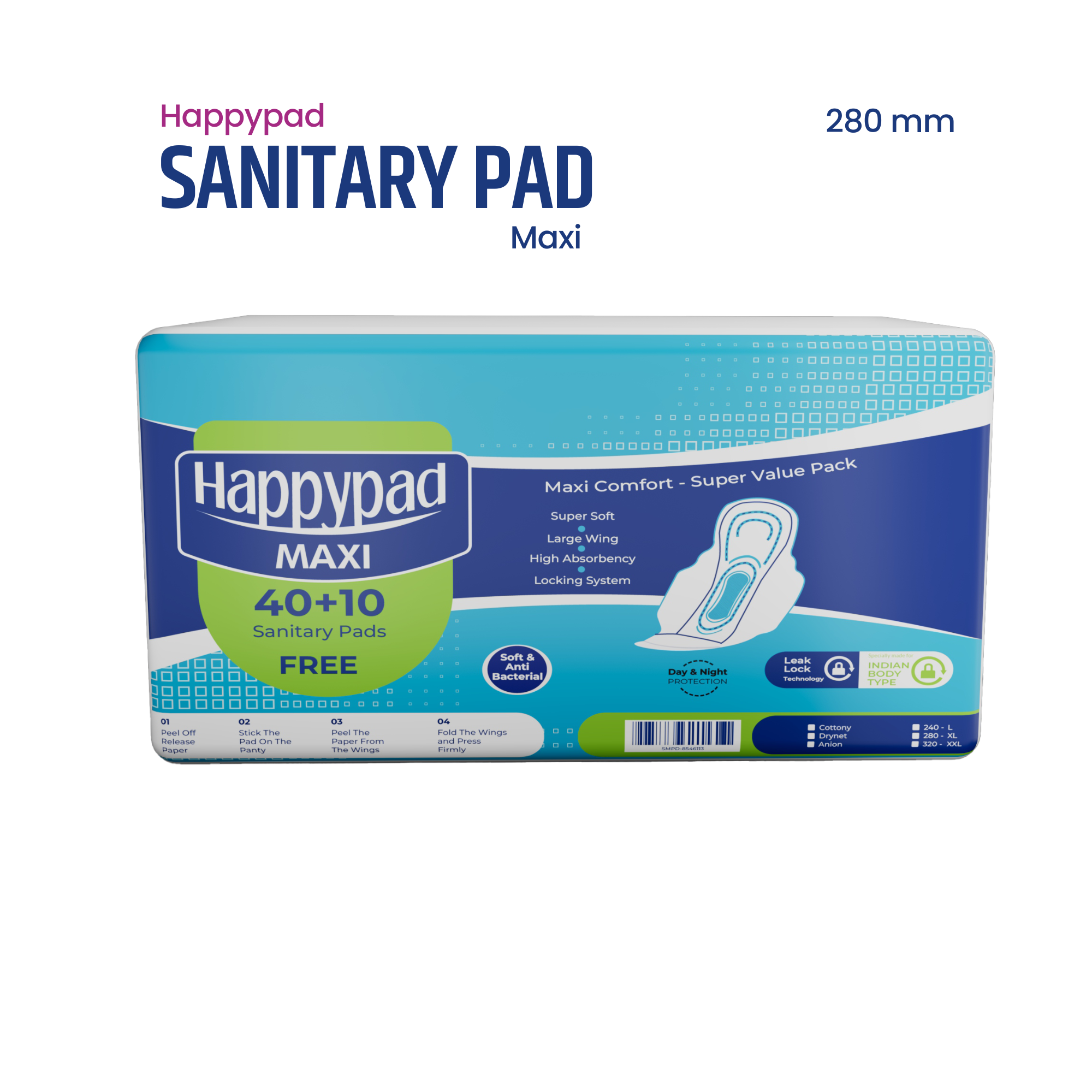 Happypad Maxi, Super Soft Cottony XL 40 Sanitary Pads + Free 10 Daily Use Panty Liners